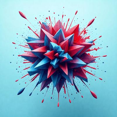 The primary subject of the image is a three-dimensional, colorful geometric shape, which appears to be a combination of a cube and a flower. The shape is made up of red, blue, and pink colors, creating a vibrant and lively appearance. The setting is a blue background, which provides a contrasting and complementary color to the geometric shape. The visual style of the image is a mix of digital art and illustration, as it showcases a three-dimensional design with a unique and creative twist.